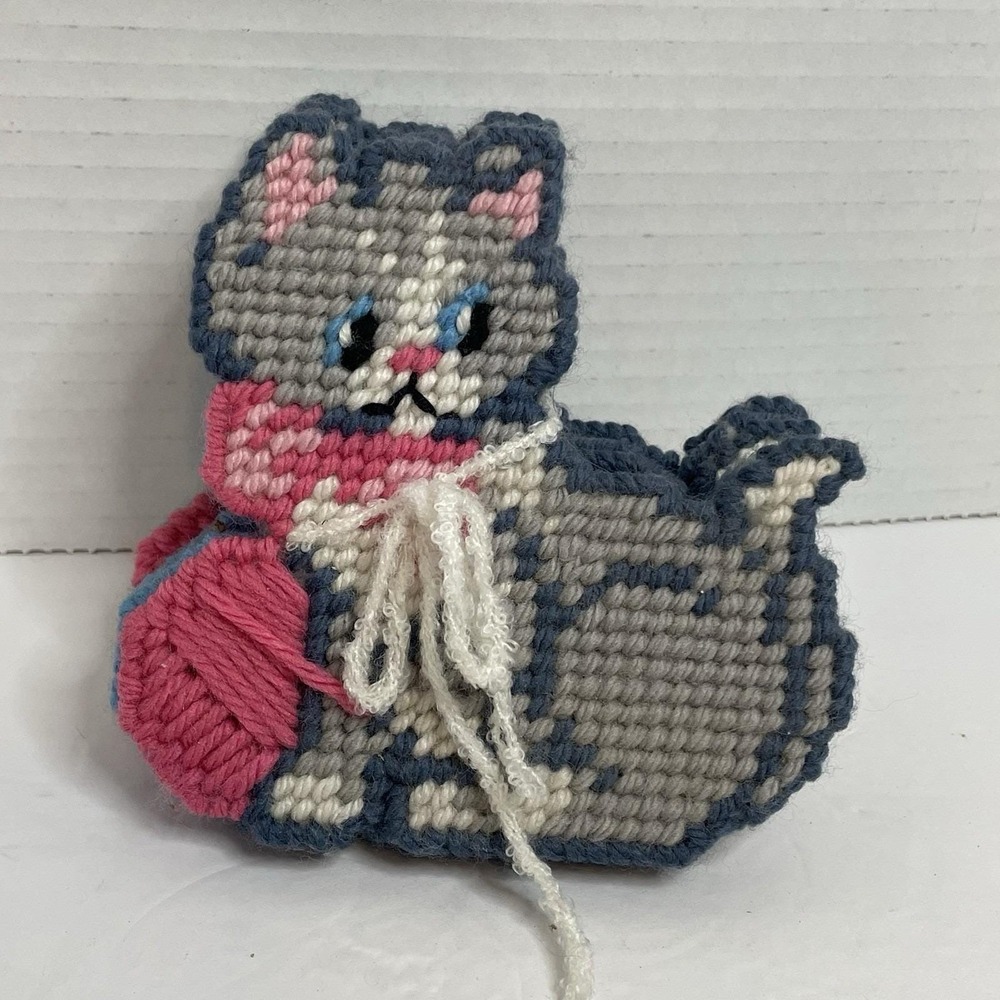 Cats In Basket Coaster Needlepoint Plastic Canvas Pink Blue 80 Set 6 Granny Core